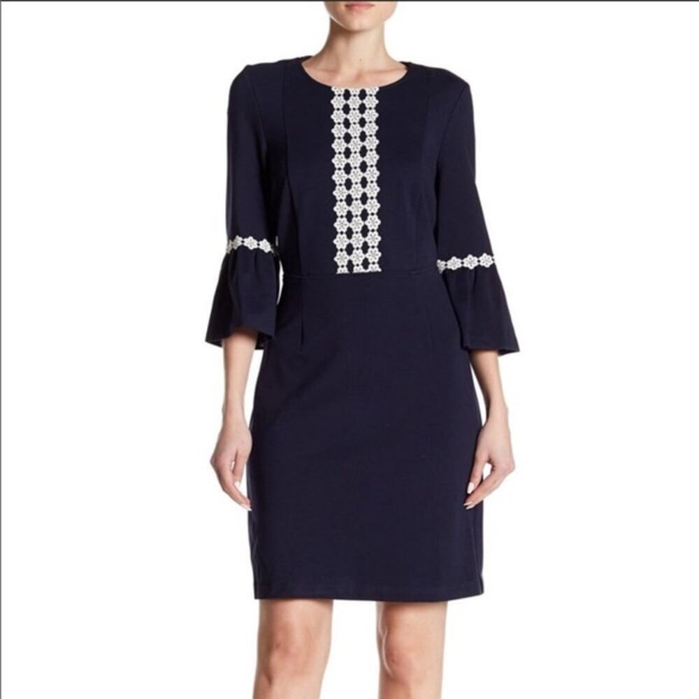 NANETTE LEPORE Womens Blue Bell Sleeve Lace Detail Stretch Dress Size 8 Coquette